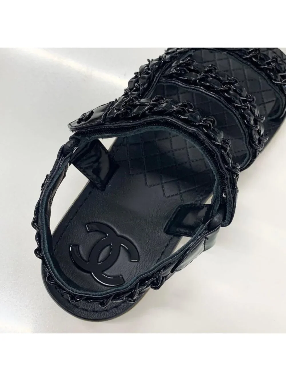 Chanel CC Logo Leather Chain Velcro Sandals Black